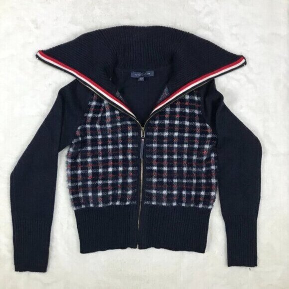 TOMMY HILFIGER Plaid Funnel Neck Zip Front Sweater NEW Size XS - Picture 1 of 13